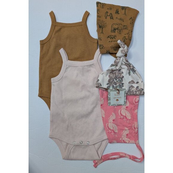 Kate Quinn Organic Cotton Tank Top Bodysuit Bundle 6-12 Hats Neutral Baby Gift